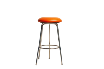 Orange padded stool with metal frame against black backdrop