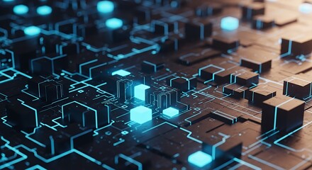 Futuristic Circuit Board Design with Glowing Blue Elements.