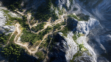 bird's eye view of mountain hiking trail with stone path