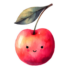 Adorable kawaii cherry with a happy expression, rendered in soft watercolor style on black