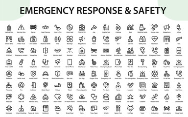 Emergency response And safety icons. featuring disaster safety, medical rescue, fire protection, police alerts, and essential hazard symbols