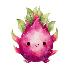 Charming kawaii dragon fruit with a cute smile depicted in watercolor style illustration.
