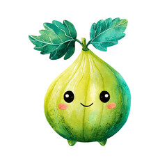 Adorable kawaii Fig character with cute eyes and leaves, in a vibrant watercolor style.