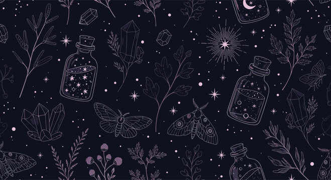 Mystical Night Sky Pattern with Magic Potions and Celestial Elements.