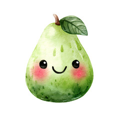 Whimsical Watercolor Artwork Of A Cute Cartoon Guava With A Sweet Smile Isolated