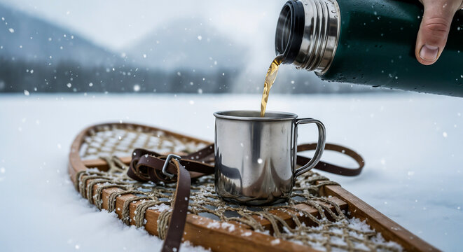 Thermos pouring into metal cup on snowshoes symbolizing adventure and winter pause