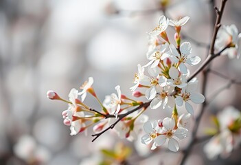 Delicate white blossoms on soft, blurred background, beauty, botanical
