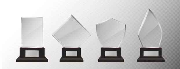 3d realistic vector icon illustration. Glass winner trophy in different shapes with silver plate. Isolated.