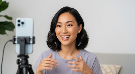Smiling young Asian woman recording video for a vlog using a smartphone on a tripod