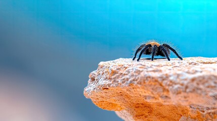 A fuzzy tarantula spider with black legs and a brown body stands on a textured rock against a soft blue background.