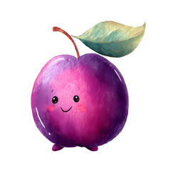 A cute kawaii plum cartoon character smiles with a cheerful watercolor painting style.