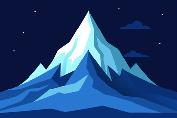 Stylized snowy mountain landscape at night with stars and clouds