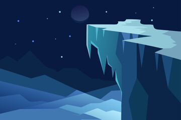 Icy cliff at night with moon and stars, arctic frozen landscape