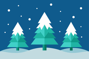 Winter landscape with snow covered pine trees and falling snow