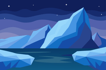 Arctic night landscape with icebergs and mountains under starry sky