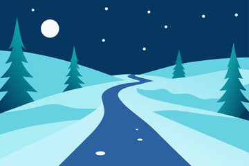 Winter night landscape with snow, moon, stars, trees, and winding path