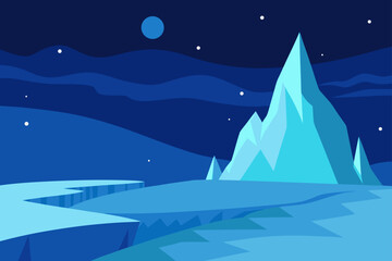 Stylized arctic night landscape with ice peaks and full moon