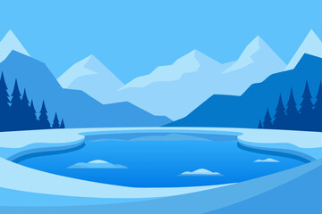 Flat winter mountain landscape with frozen lake and pine trees