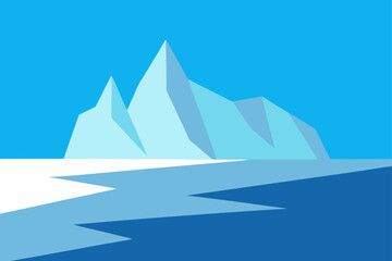 Stylized icebergs floating in arctic ocean against a blue sky
