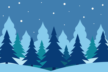 Winter night forest landscape with falling snow and pine trees