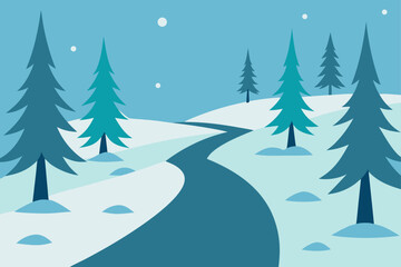 Snowy winter scene with evergreen trees and a path through hills