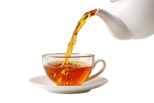 Tea poured in clear cup, white teapot, dark background