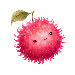 Charming kawaii rambutan fruit with a delightful smile, rendered in soft watercolor style