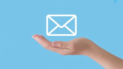 Communication in Hand: An outstretched hand delicately cradles an email icon, symbolizing the exchange of information and digital communication within the context of technology and connectivity.