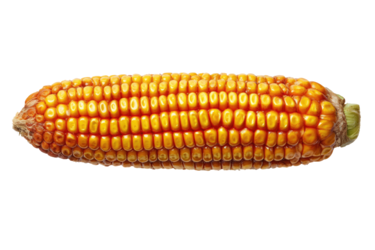 Golden corn cob, kernels tightly packed, isolated view