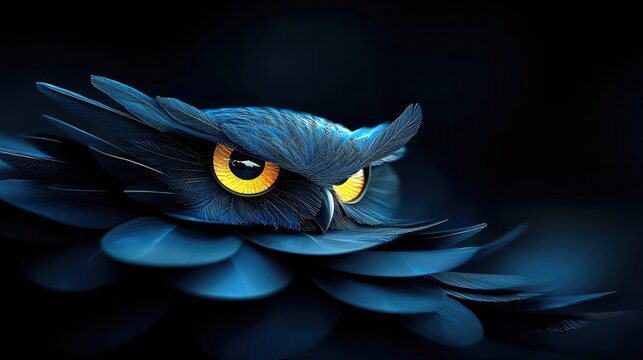 A detailed view of a blue owl's face, highlighting its piercing yellow eyes and intricate feather details against a deep black backdrop.