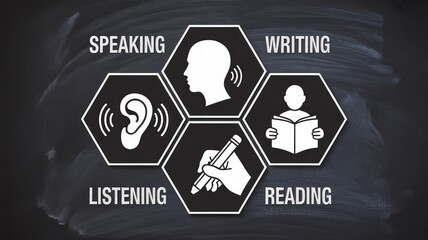 Mastering English skills with speaking, writing, listening, and reading icons on a chalkboard background for education and learning concepts
