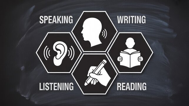 Mastering English skills with speaking, writing, listening, and reading icons on a chalkboard background for education and learning concepts