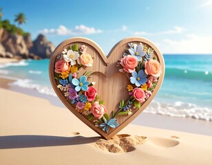 Wooden heart art decorated with flowers on a sunny beach, waves behind