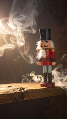 Wooden soldier figure with smoke against a warm, textured background