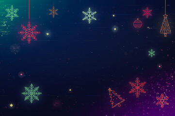 Bright neon snowflakes, ornaments and Christmas icons glowing on a dark gradient backdrop. Vibrant festive background for winter holidays and party design.
