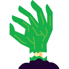 Illustration of a stylized green zombie hand emerging from dark earth against a pure white transparent background