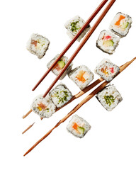 Sushi rolls & chopsticks angled on a black background