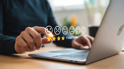 Customer Feedback Rating: A person provides rating a service with low satisfaction score displayed on a laptop, emphasizing user's experience and opinion