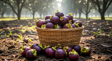 Freshly Harvested Mangosteens in a Woven Basket.