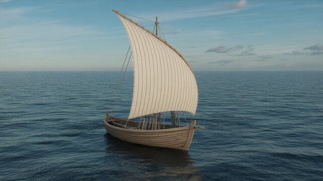 Classic wooden sailboat with lateen sail floats on blue ocean