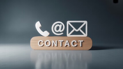 Digital Contact Information:  An eye-level shot of modern digital contact elements, with an appealing design, presenting a phone, email and mail sign, set atop a wooden surface with the word contact.