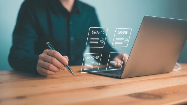 Digital Document Review: A person in a sleek black attire meticulously navigates through a digital document.