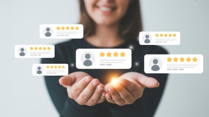 Embracing Feedback: A person presents digital customer reviews, embodying trust, glowing with star ratings that symbolize satisfaction and glowing recommendations, representing excellent service.