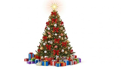 Decorated christmas tree with many presents isolated on white background