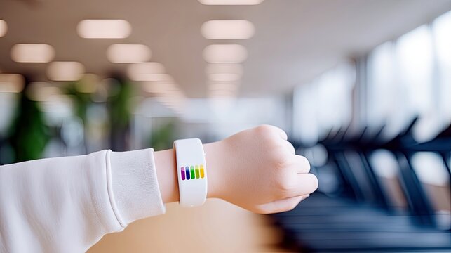 A white fitness tracker with a rainbow stripe display is worn on a person's wrist, with a blurred gym environment in the background.