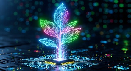 Digital plant growing from a computer chip representing technology and nature