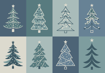 Merry Christmas minimal card set with christmas tree and cool tone color concept
