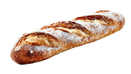 Crusty baguette, flour dusted, golden brown and light