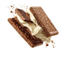 Chocolate biscuit sandwich with cream filling, crumbs floating