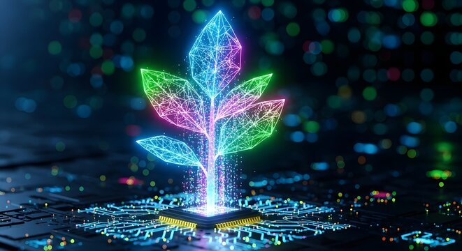 Digital plant growing from a computer chip representing technology and nature